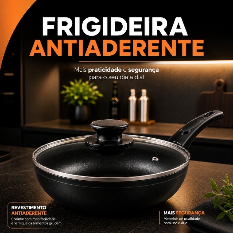 Frigideira Wok Antiaderente com Tampa de Vidro e Cabo Antitérmico 3,2L / 3,7L