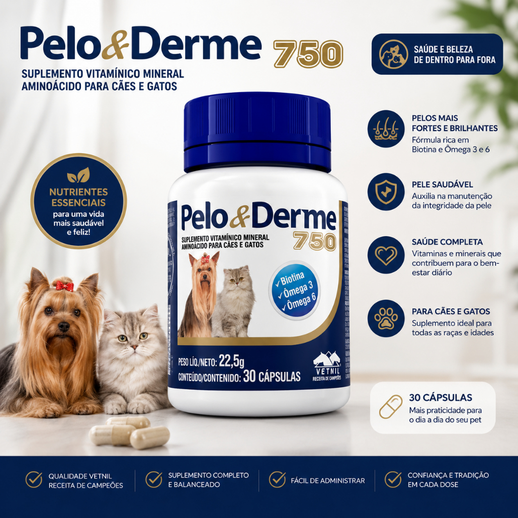 Pelo E Derme 750 - 30 Capsulas Suplemento Cães E Gatos Vetnil
