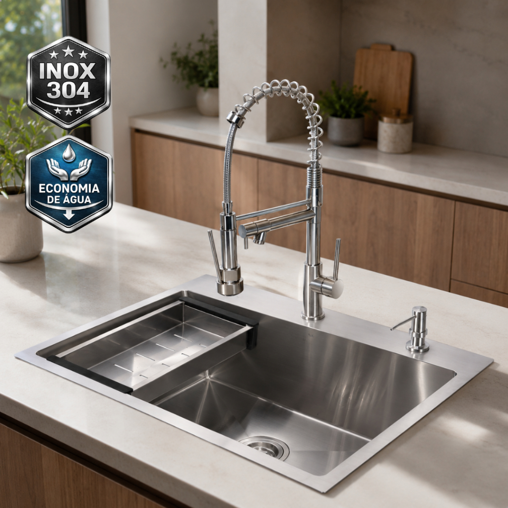 Kit Cuba Gourmet Cozinha 60x45 Aço Inox 304 com Torneira Gourmet Flexível 2 Saídas Monocomando