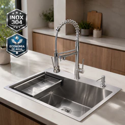 Kit Cuba Gourmet Cozinha 60x45 Aço Inox 304 com Torneira Gourmet Flexível 2 Saídas Monocomando