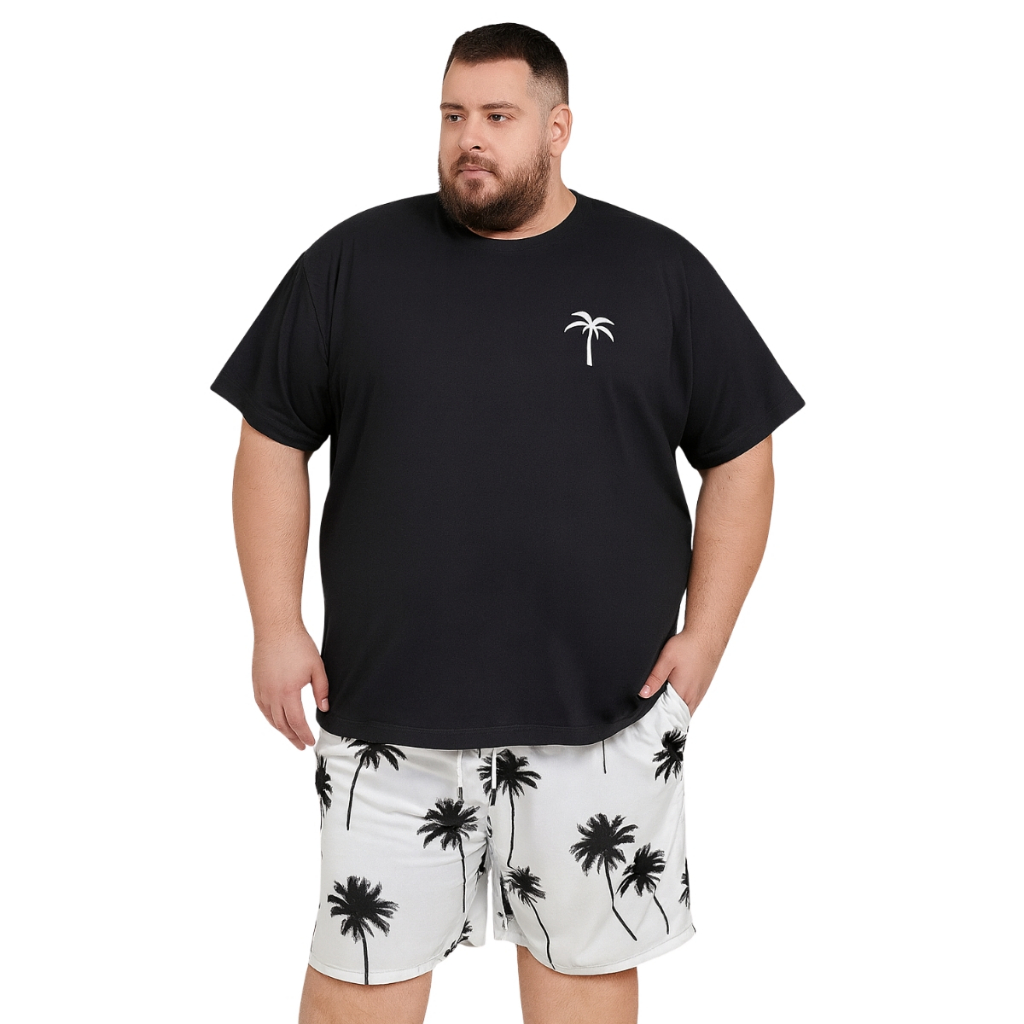 Conjunto Plus Size Camiseta Algodão e Short Tactel Estampado Com Bolsos Tamanhos G1 G2 G3
