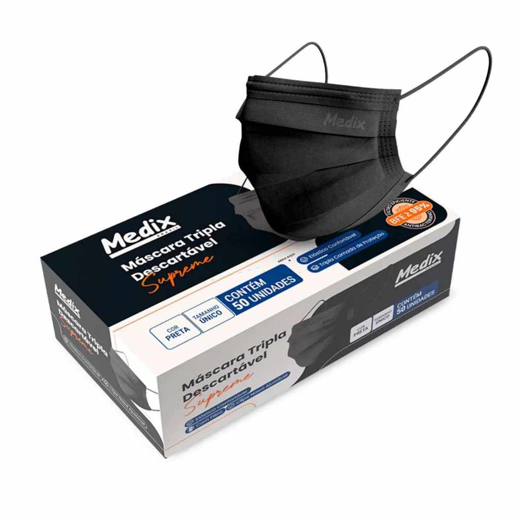 Máscara Descartável Tripla Medix Supreme Preta BFE95 50un