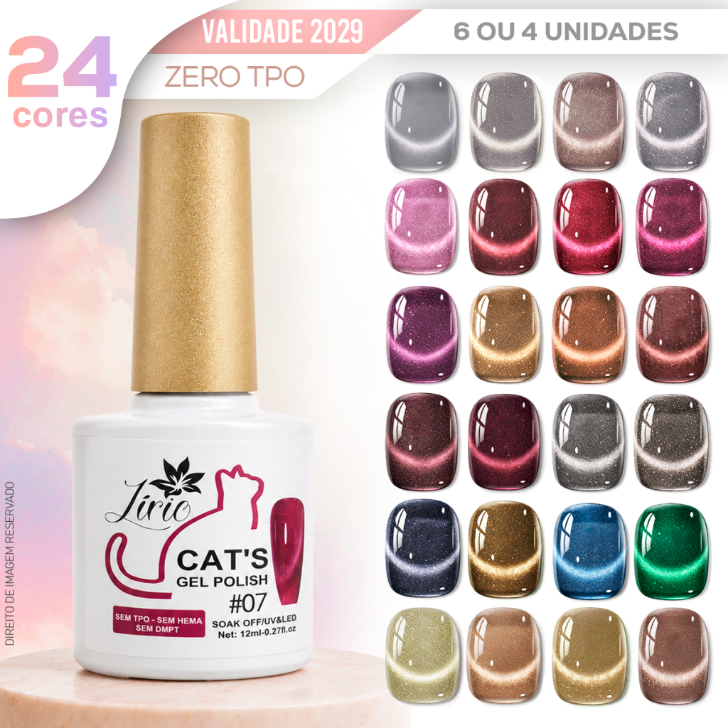Kit Esmalte Olho de Gato em Gel Magnético 12ml LIRIO Reflexivo Glitter Unhas Manicure LED UV Cat Eye