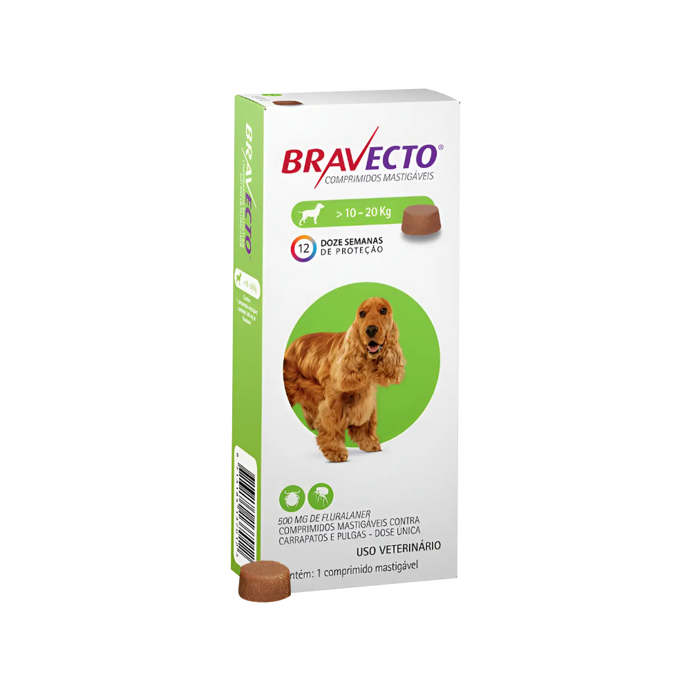 Bravecto 10 a 20kg Antipulgas e Carrapatos Proteção 12 Semanas Cães 1 Comprimido