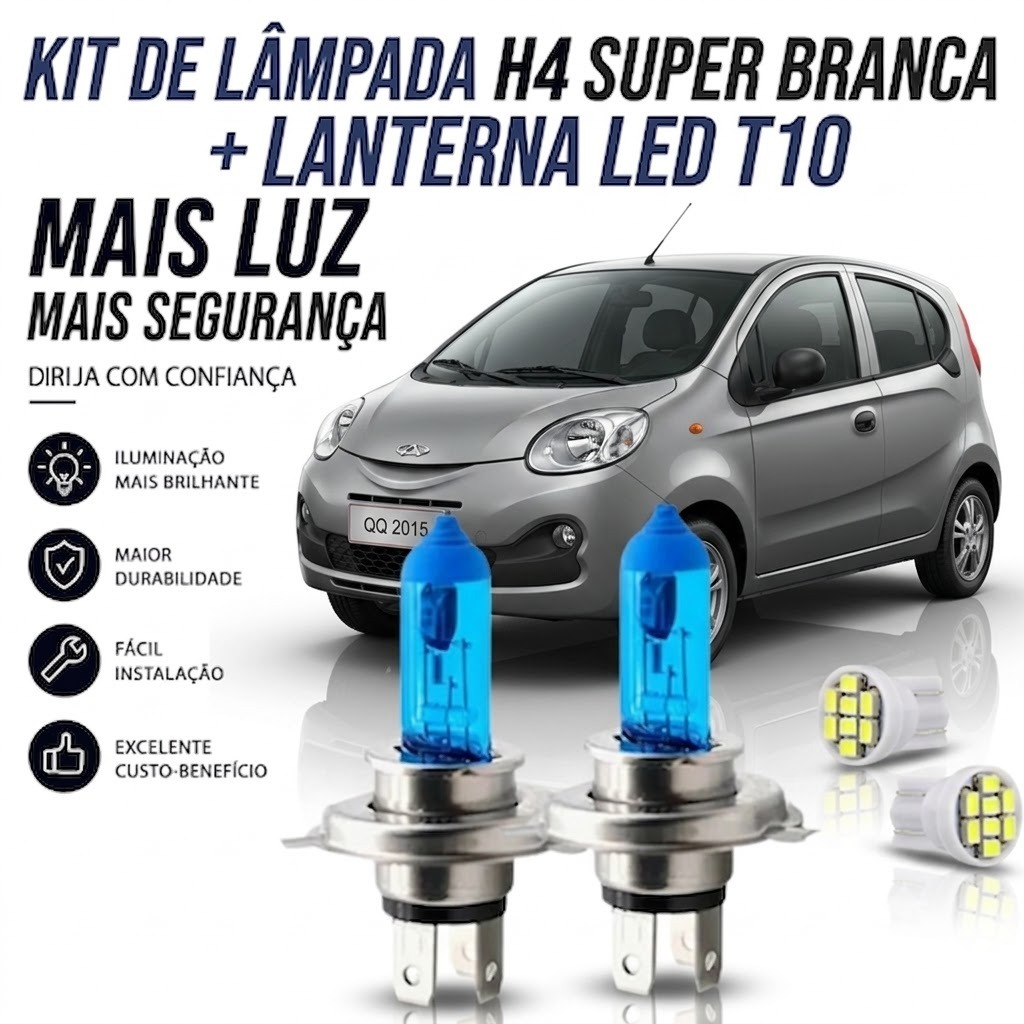 Lampada farol baixo / alto + brinde lanterna QQ 2011 até 2016