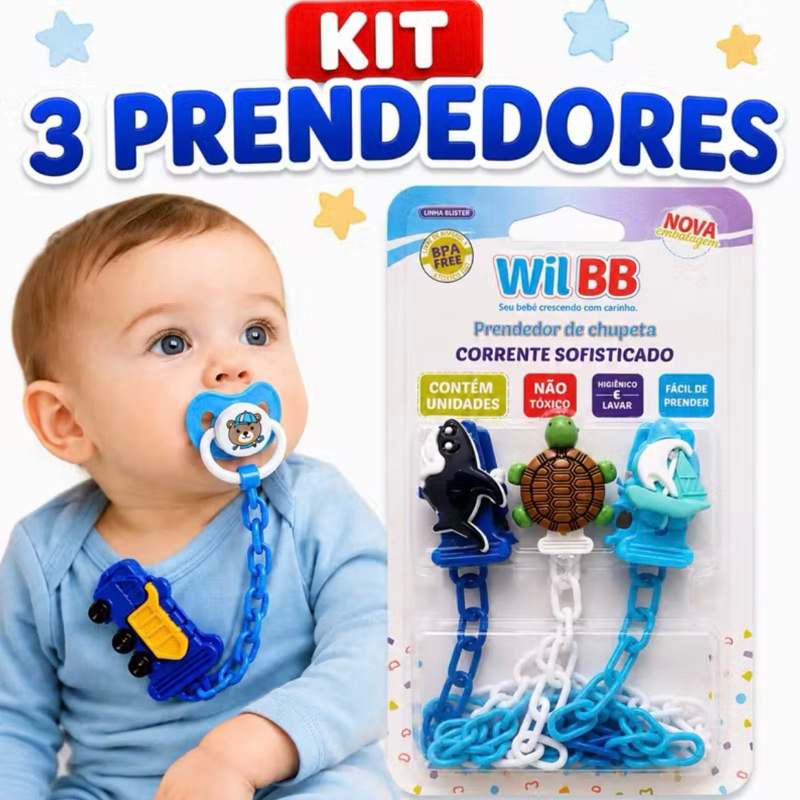 Kit 3 Prendedores de Chupeta Corrente para Bebê WilBB BPA Free