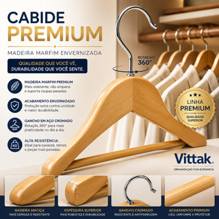 Vittak Kit 20 Cabides de Madeira Marfim Adulto Antideslizante Premium com Gancho Giratório