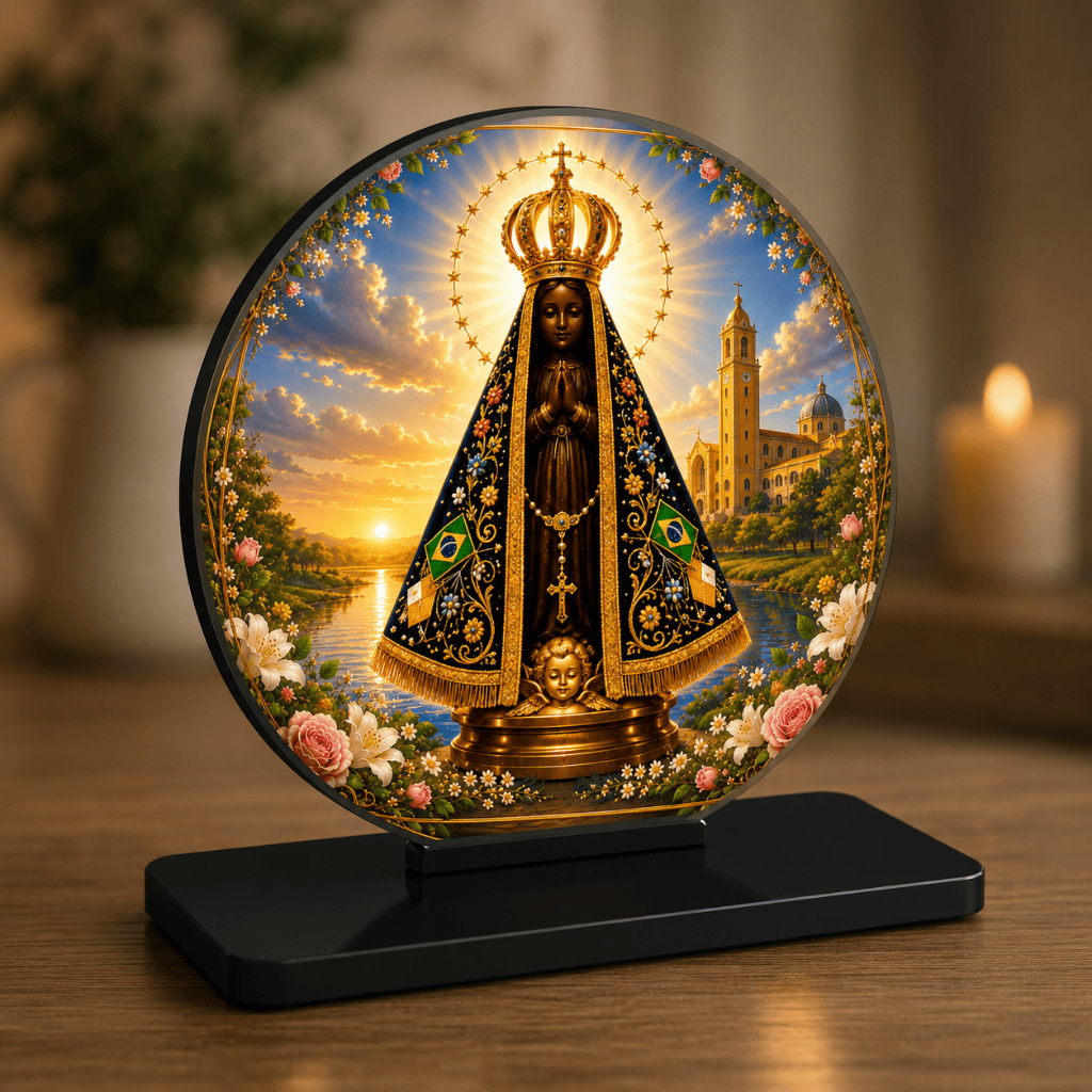 Quadro Redondo Religioso | Nossa Senhora, Sagrada Família, Santo Antônio e Mais | Presente Católico com Base de Mesa