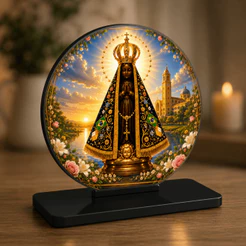 Quadro Redondo Religioso | Nossa Senhora, Sagrada Família, Santo Antônio e Mais | Presente Católico com Base de Mesa
