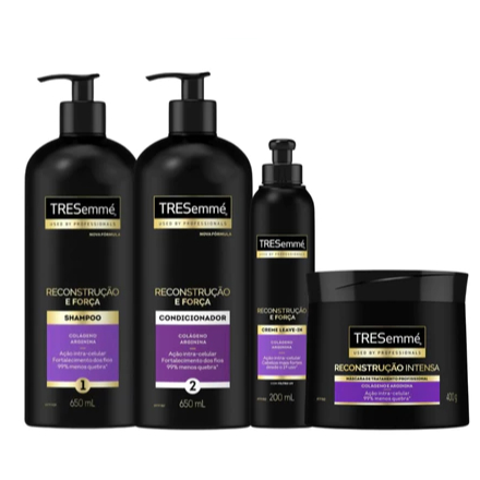 Kit completo TRESemmé Reconstrução Intensa composto por um frasco de shampoo, um de condicionador, um de creme leave-in e um pote de máscara capilar em embalagens pretas com detalhes roxos.