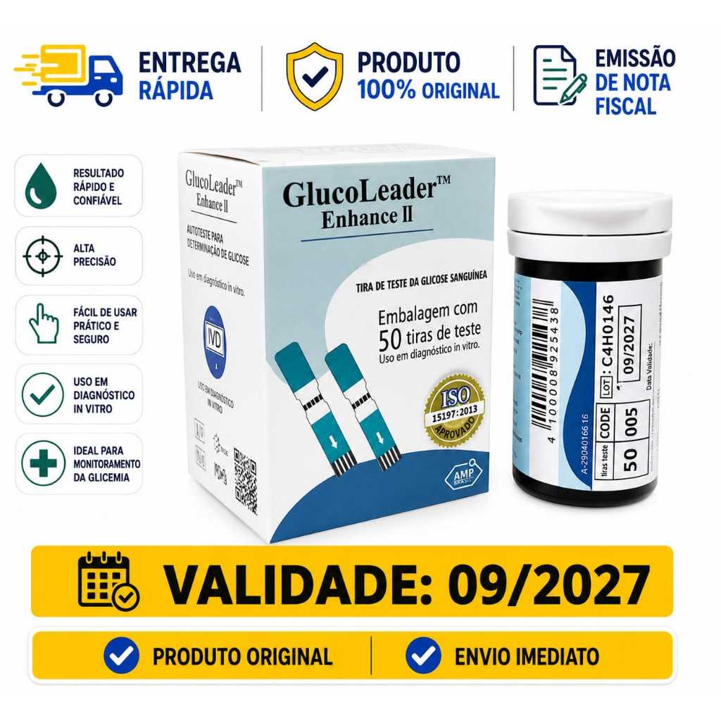 50 Tiras De Glicose Glucoleader Enhance II Fitas Glicemia Diabetes