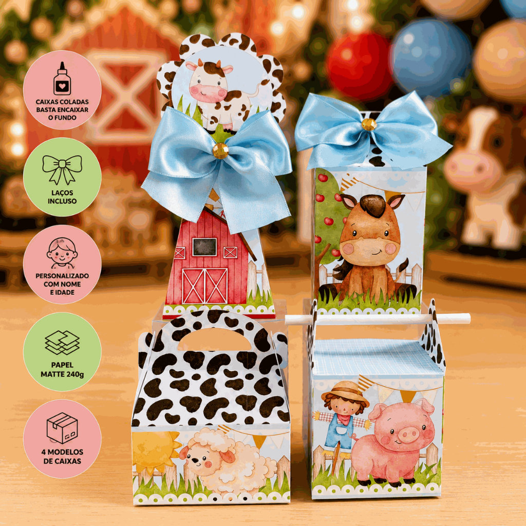 Kit Lembrancinhas Fazendinha Menino | Kit Caixinhas Personalizadas | Festa Infantil | Caixa Milk, Maleta, Pirâmide e Sus