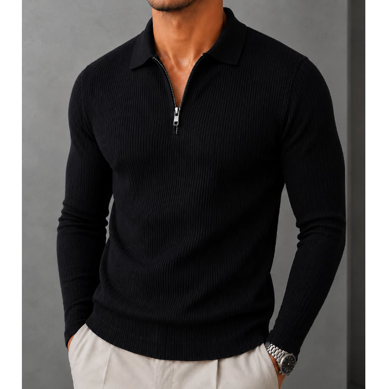 Camisa Polo Manga Longa Masculina Italiana Canelada Zíper Slim Fit Casual Social Elegante Premium