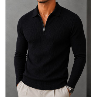Camisa Polo Manga Longa Masculina Italiana Canelada Zíper Slim Fit Casual Social Elegante…