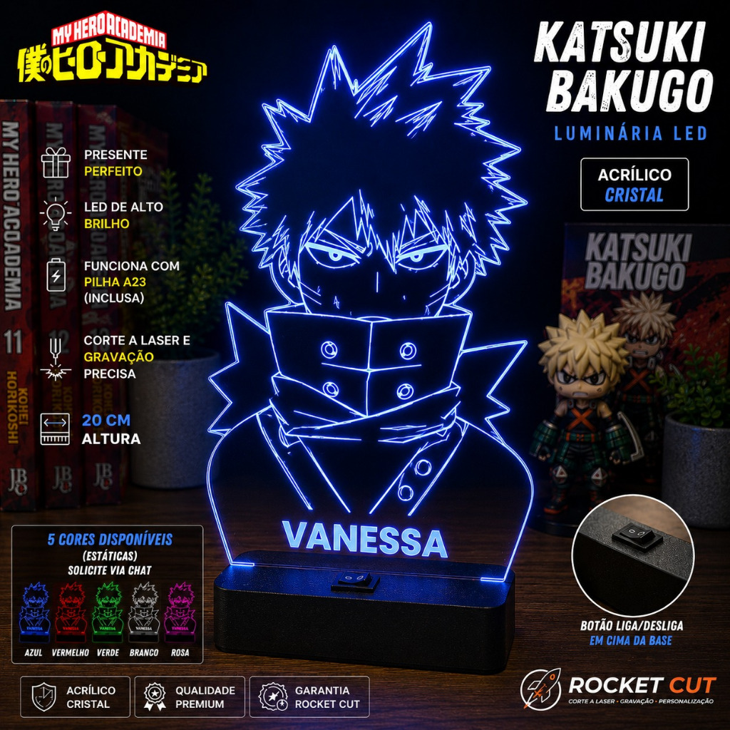 Anime My Hero Academia Katsuki Bakugo Luminária LED Acrílico Luz Noturna 20cm