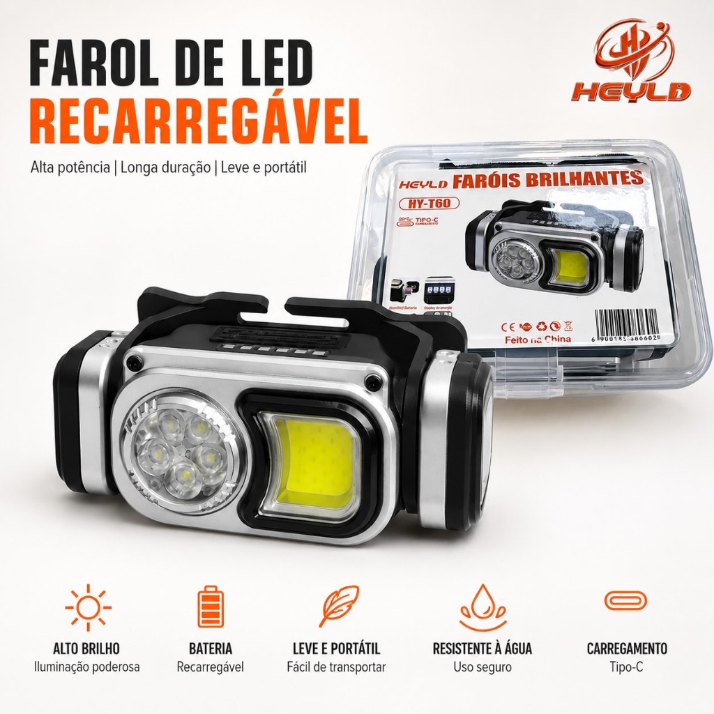 Lanterna de Cabeça Profissional LED COB USB Recarregável até 6 Horas de Uso Contínu