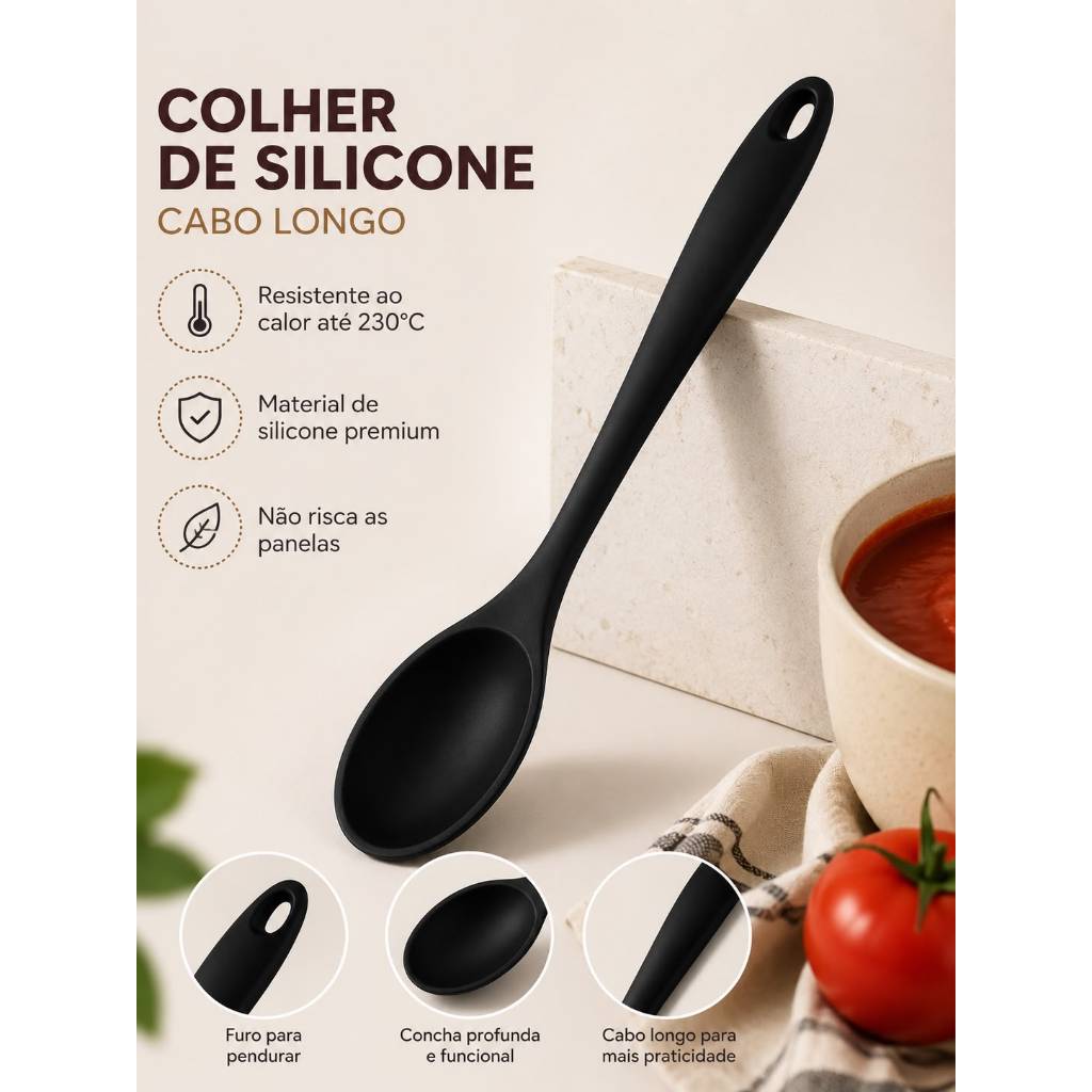 Colher de Silicone Cabo Longo Resistente ao Calor Utensílio de Cozinha Antiaderente Livre de BPA