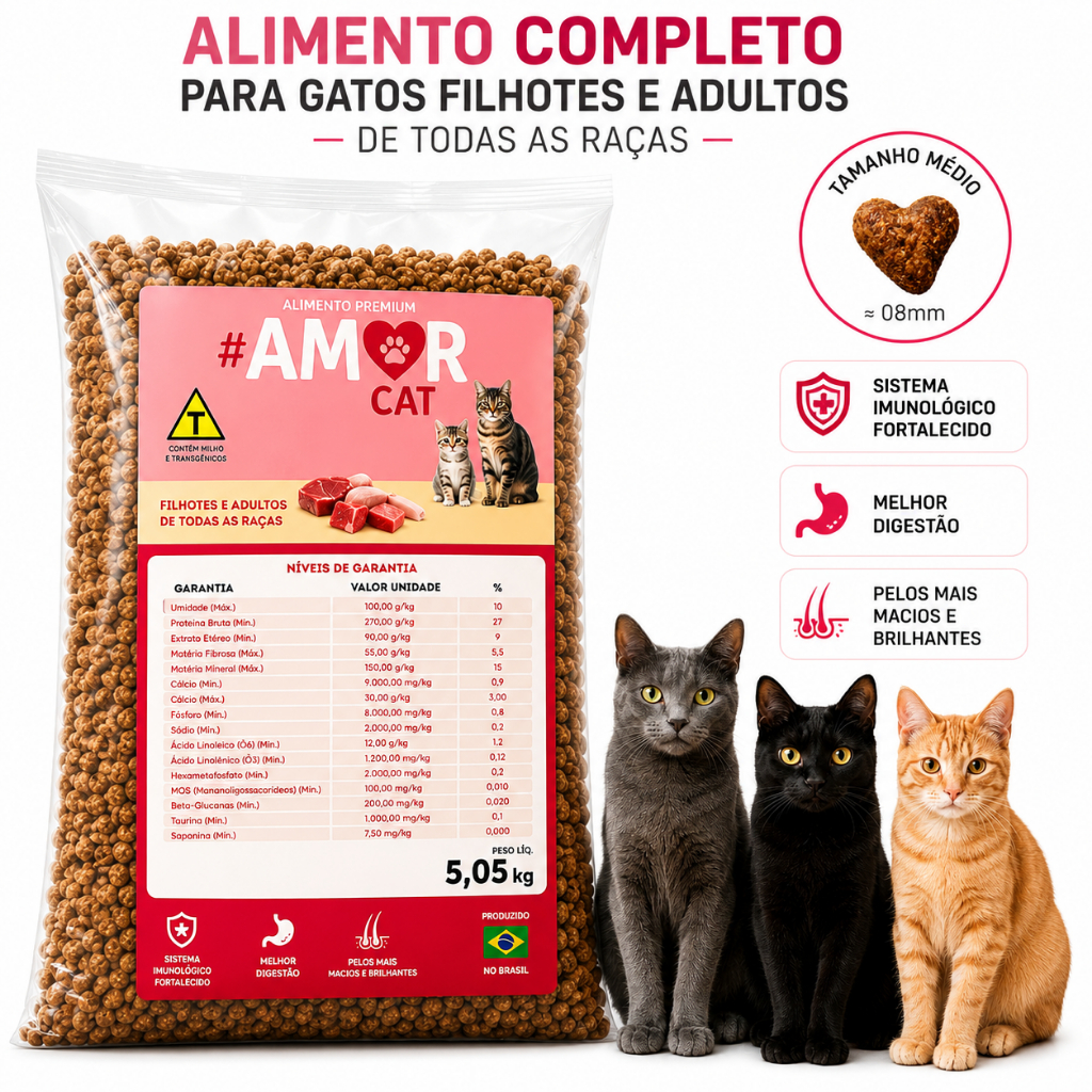Ração Para Gato Filhote Adulto 5kg Amor Cat Premium Sabor Salmão Carne Frango 27% Proteína