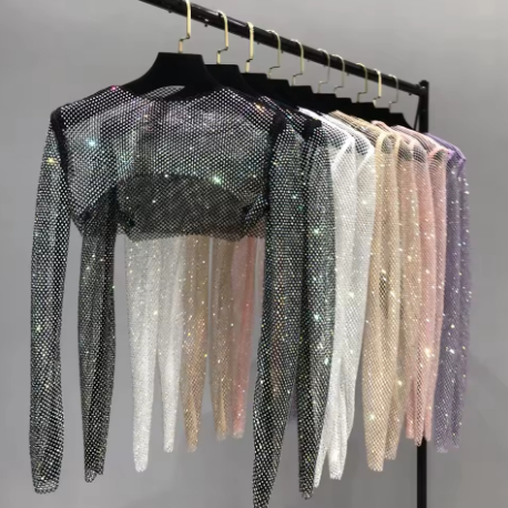 Cropped Shrug Strass Brilho Manga Longa Tendência Balada Blogueira