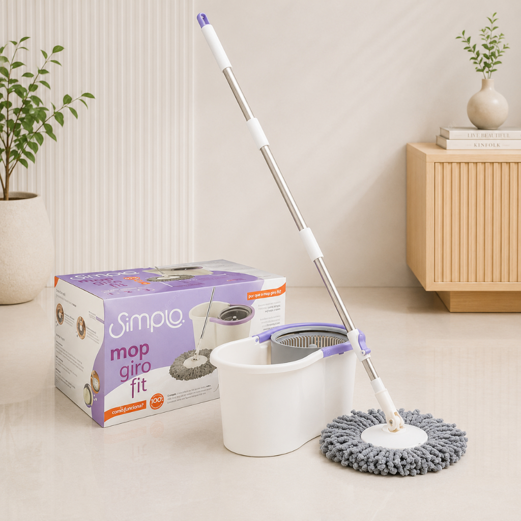 Mop Giratório Fit com Balde e Esfregão Simplo Limpeza Flash Inox Rodo Refil Microfibra Seca Cabo Limpa Pro Mágico Agua
