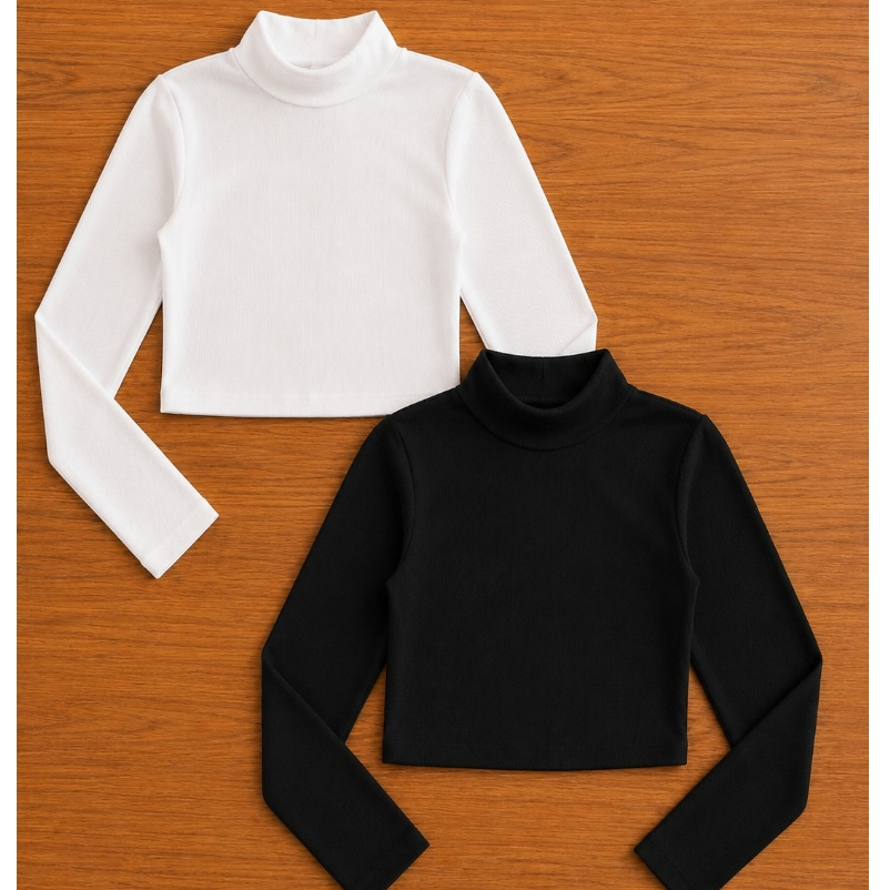 Kit 2 Blusas Cropped Feminina Canelada Gola Alta Manga Longa Segunda Pele Inverno Premium