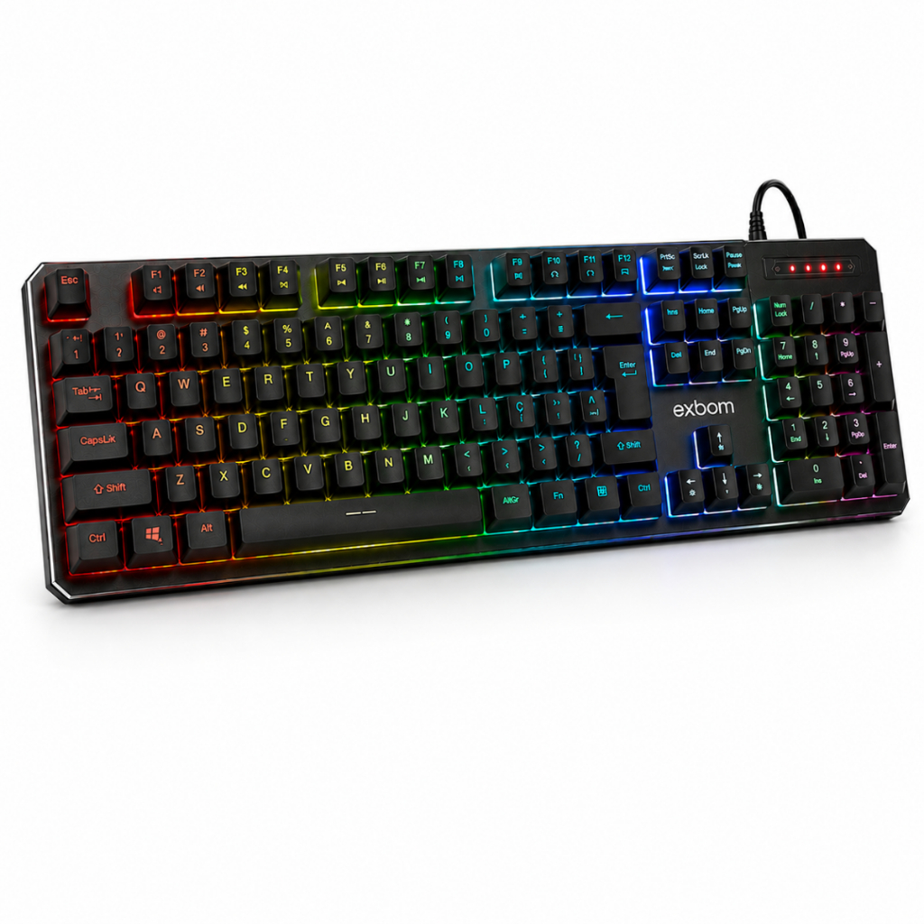 Teclado Gamer Mecânico RGB Switch Azul ABNT2 Anti Ghosting USB 17 Modos Iluminação Exbom