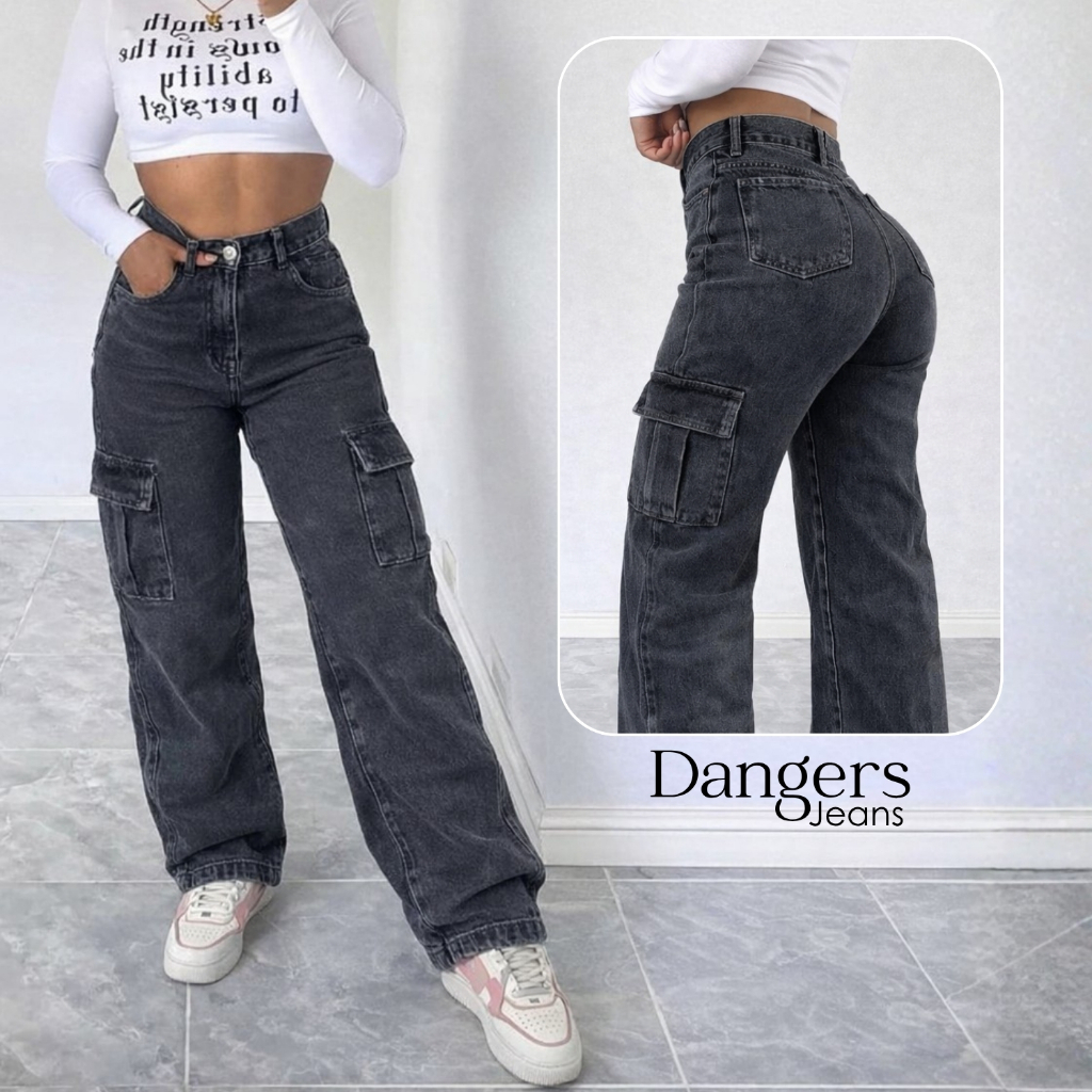Calça Wide Leg Jeans Feminina Marmorizada CARGO Cintura Alta Sem Lycra