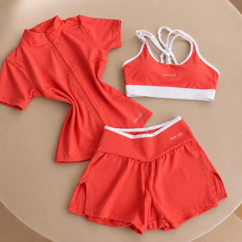 Conjunto Fitness Premium 3 Peças Ana Lee Blusa + Top + Short Duplo - Coral