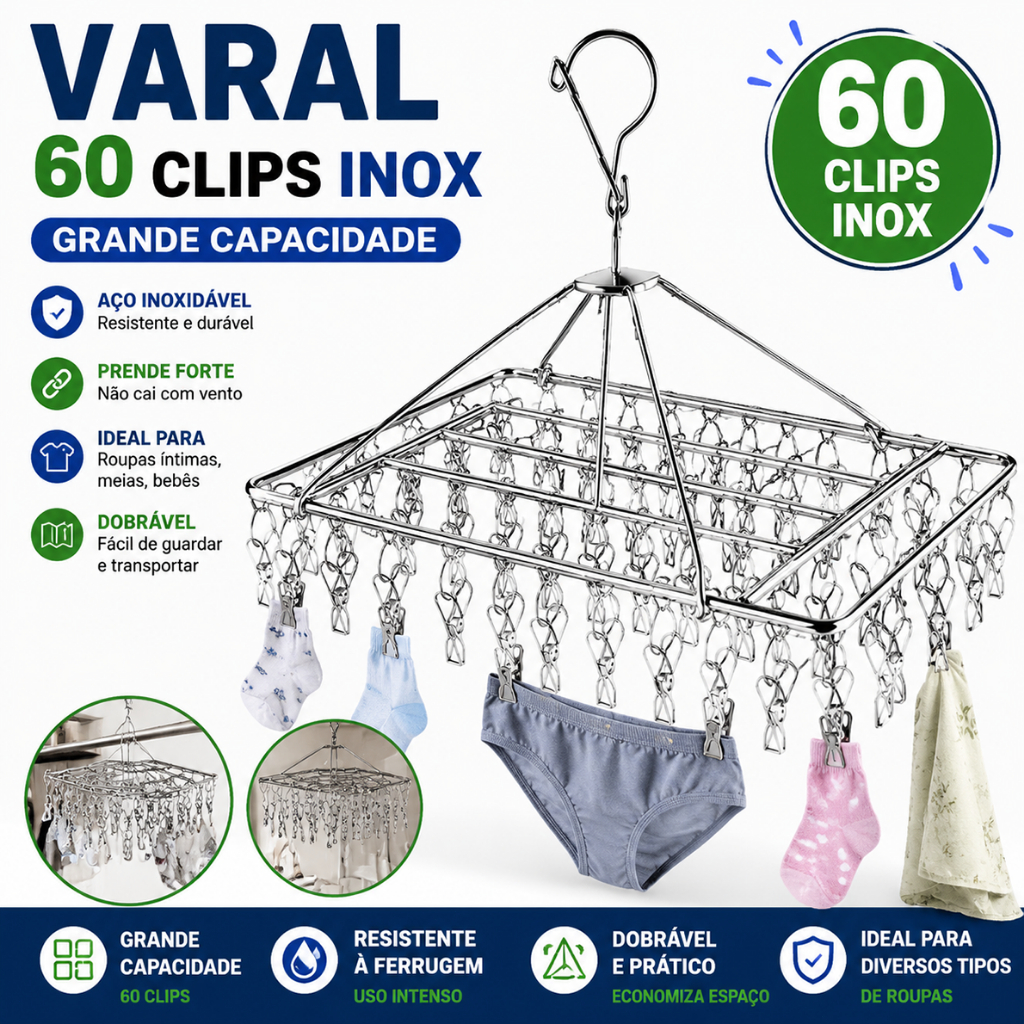 Varal 60/40 Clips Inox Prendedores Roupa Bebe Calcinha Cueca Dobrável Inox