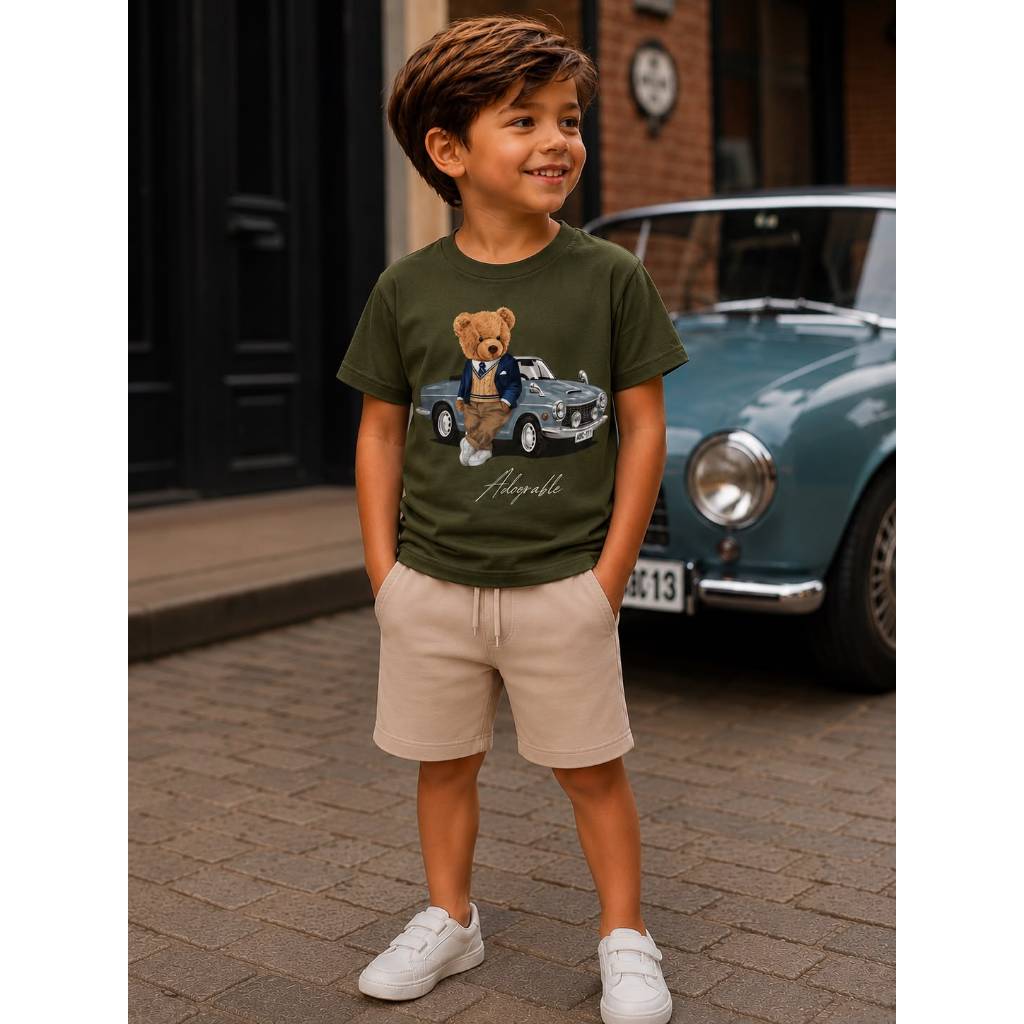 Conjunto Infantil Masculino Camiseta Estampada Urso com Carro + Short Moletinho Bege | 2 a 16