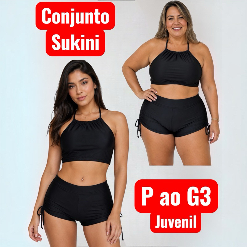 Conjunto Top + Shorts Preto Juvenil ao GG – Moda Praia Feminina Top Biquini