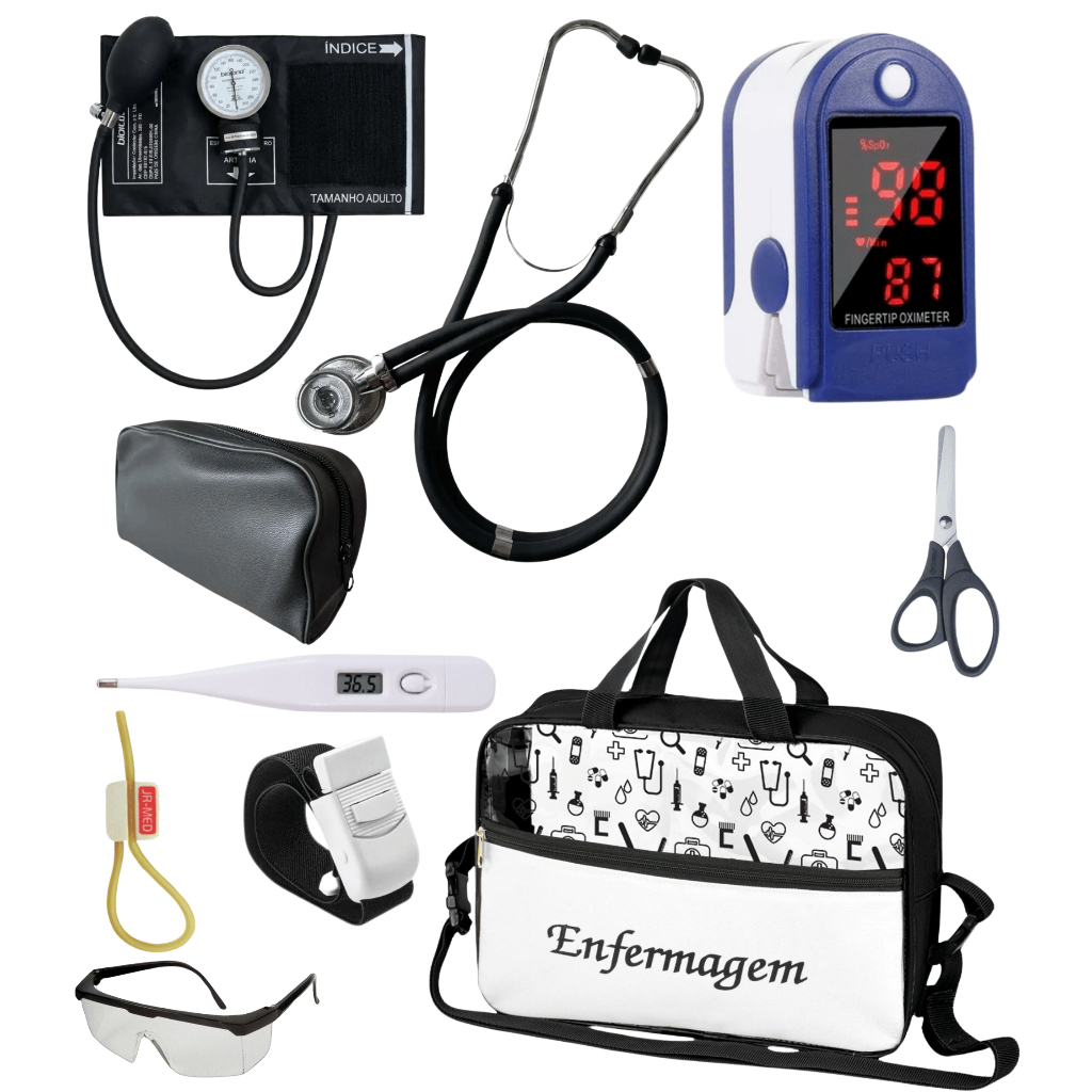 Kit Material de Enfermagem para Estágio Aparelho + Estetoscópio com Oximetro e Bolsa Transparente - VINHO ROSA PRETO