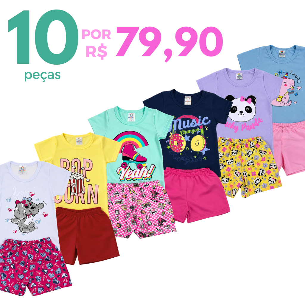 Kit 10 Peças Roupa Infantil Menina Verão Conjunto Sortido Estampado Camiseta + Shorts Liso