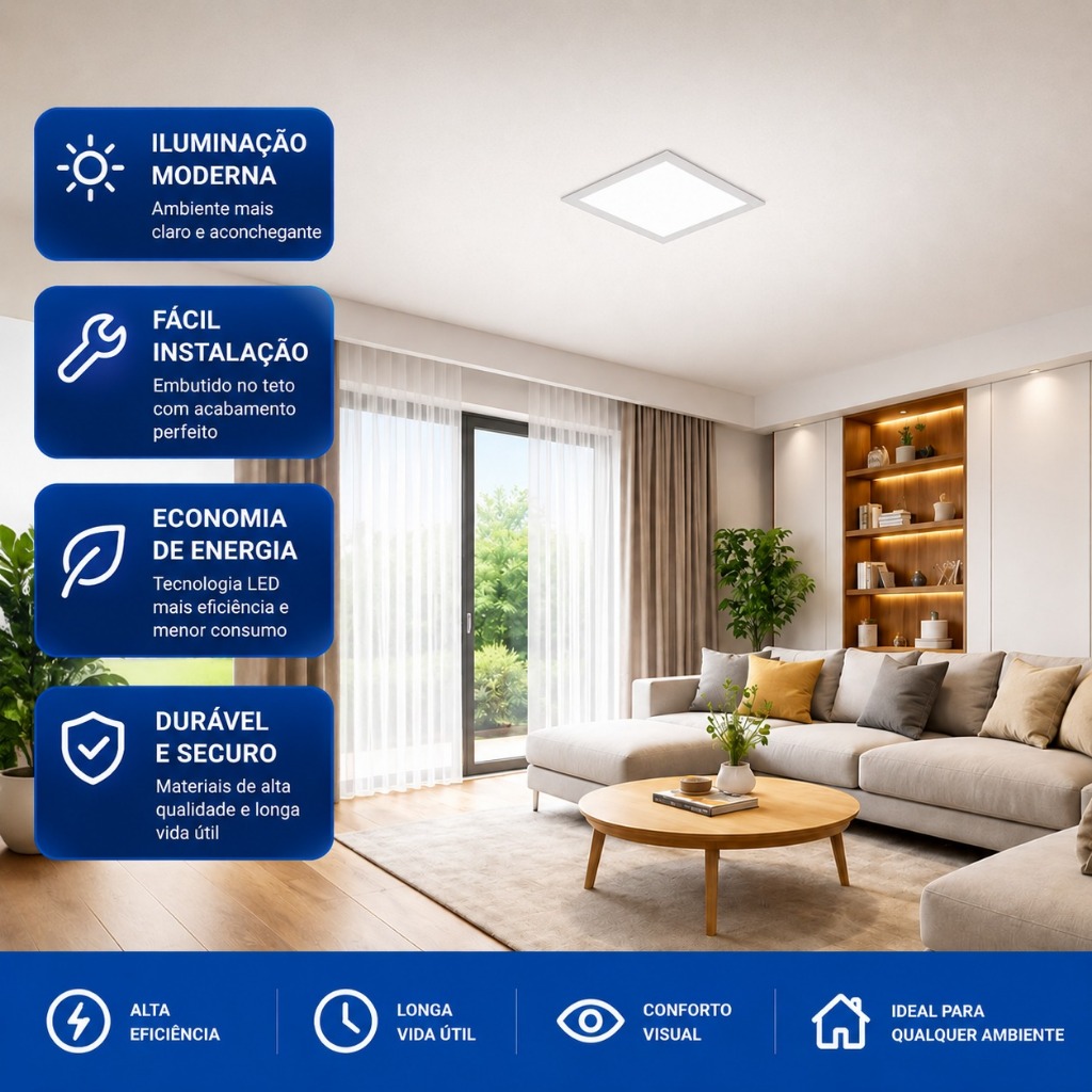 Detalhes do Luminária Plafon Led 25W Embutir Bivolt Quadrado Painel Slim Borda Fina