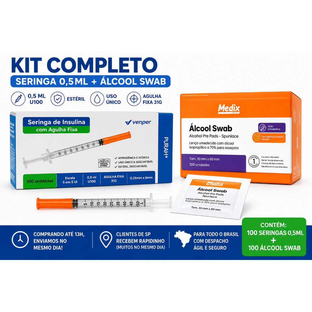 Kit Seringa de Insulina Venper com Agulha Fixa + Álcool Swab – 0,5ml U-100