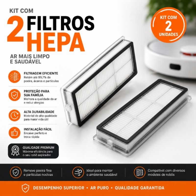 Kit 2 Filtros Hepa Laváveis Compatível Xiaomi X10+ X20+ S10+ S20+ Robô Aspirador