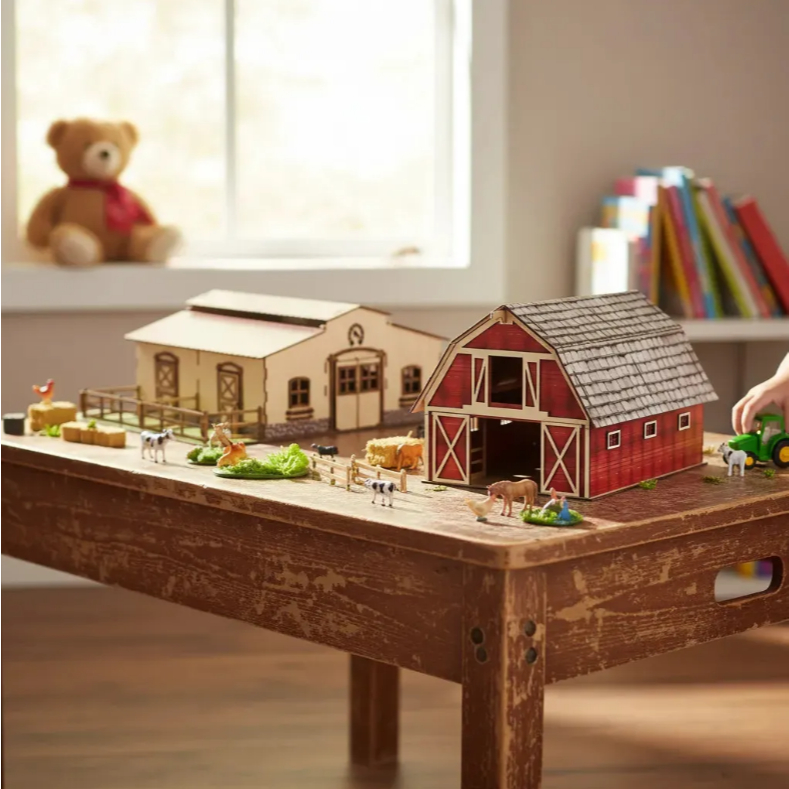 Mini Celeiro E Estábulo Em MDF Adesivado Fazenda Infantil Brinquedo Educativo MDF Criativa