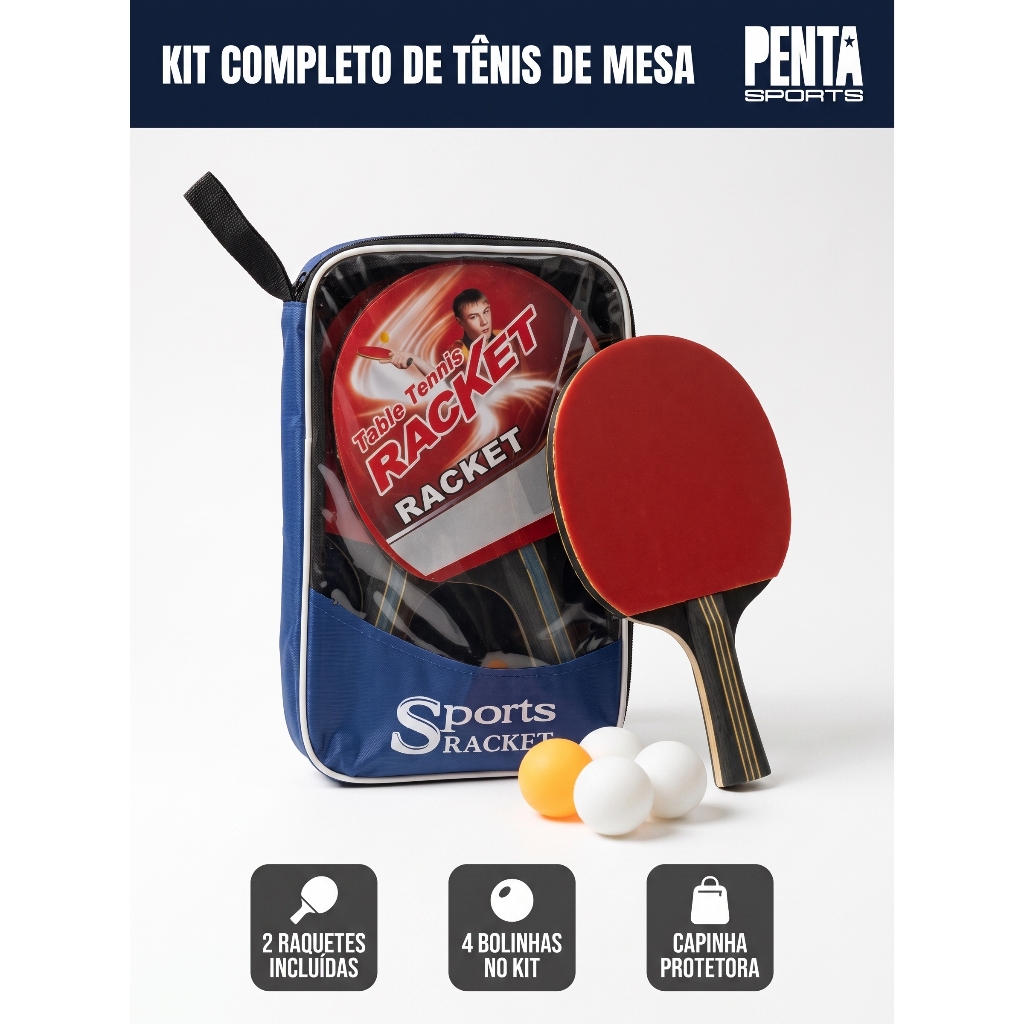Kit Ping Pong profissional 2 Raquetes E 4 Bolas Tenis De Mesa com bag