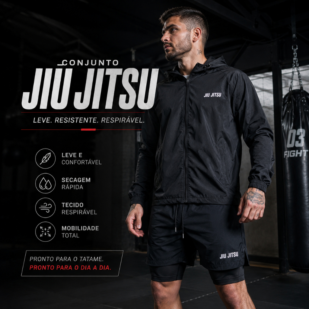 Conjunto Jiu Jitsu Corta Vento + Bermuda 2 em 1 Dry Fit Masculino Academia Corrida Treino Fitness Premium
