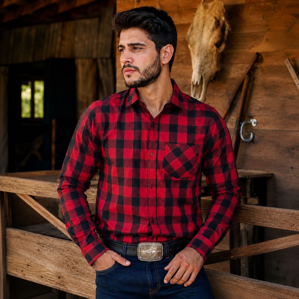 Camisa Masculina Xadrez Manga Longa Com Bolso