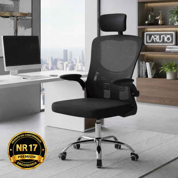 Cadeira de Escritório Ergonômica Preta com Apoio Lombar, Braços Ajustáveis e Encosto Mesh – LARUNO