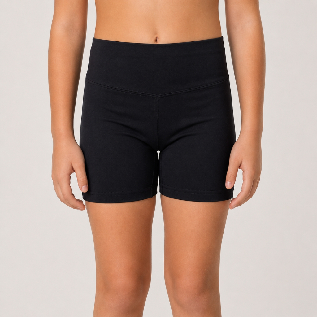 Short Fitness Infantil Ginástica Volei Colégio Escola Fitness Lycra Poliamida Kids Conforto Cós Alto