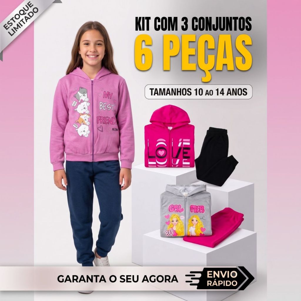 Kit  6 Peças Conjunto Calça + Blusa Moletom Infantil Menina Casaco Inverno Quentinho Roupa Frio