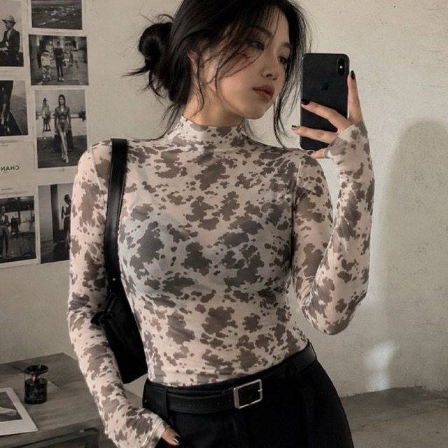 Blusa Tule Manga Longa Estampada Transparente Confortável Para Outono Inverno- Moda Feminina