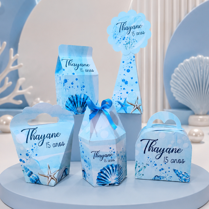 Kit Caixas Personalizadas para festas de aniversário, lembrancinhas, OCEANO -  FUNDO DO MAR AZUL(PEGUE E MONTE)