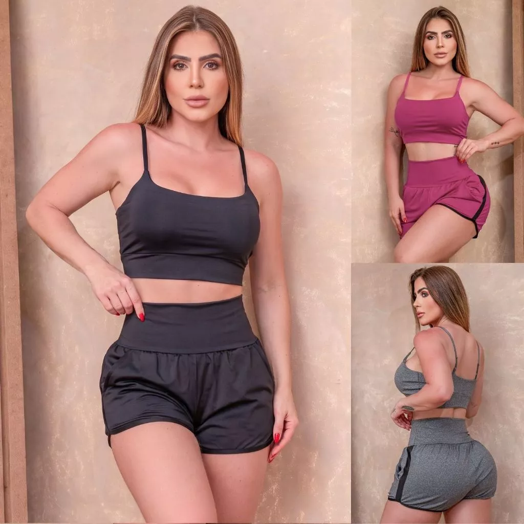 Conjunto Fitness Academia Treino Top Conforto Bojo Removível Short Modelador Cintura Alta Com Bolsos — imagem 1