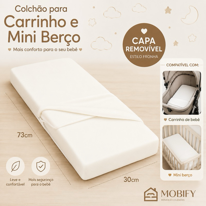 Colchão Para Carrinho De Bebê Moises Universal 73x30cm Capa Removível