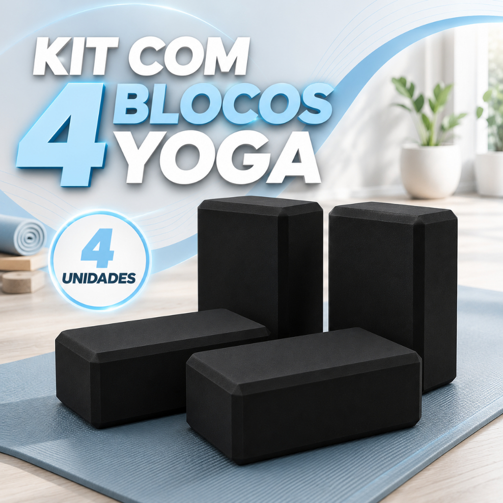 Imagem Kit 4 Blocos de Yoga EVA Preto Alta Densidade Pilates Alongamento Fisioterapia Equilíbrio e Postura