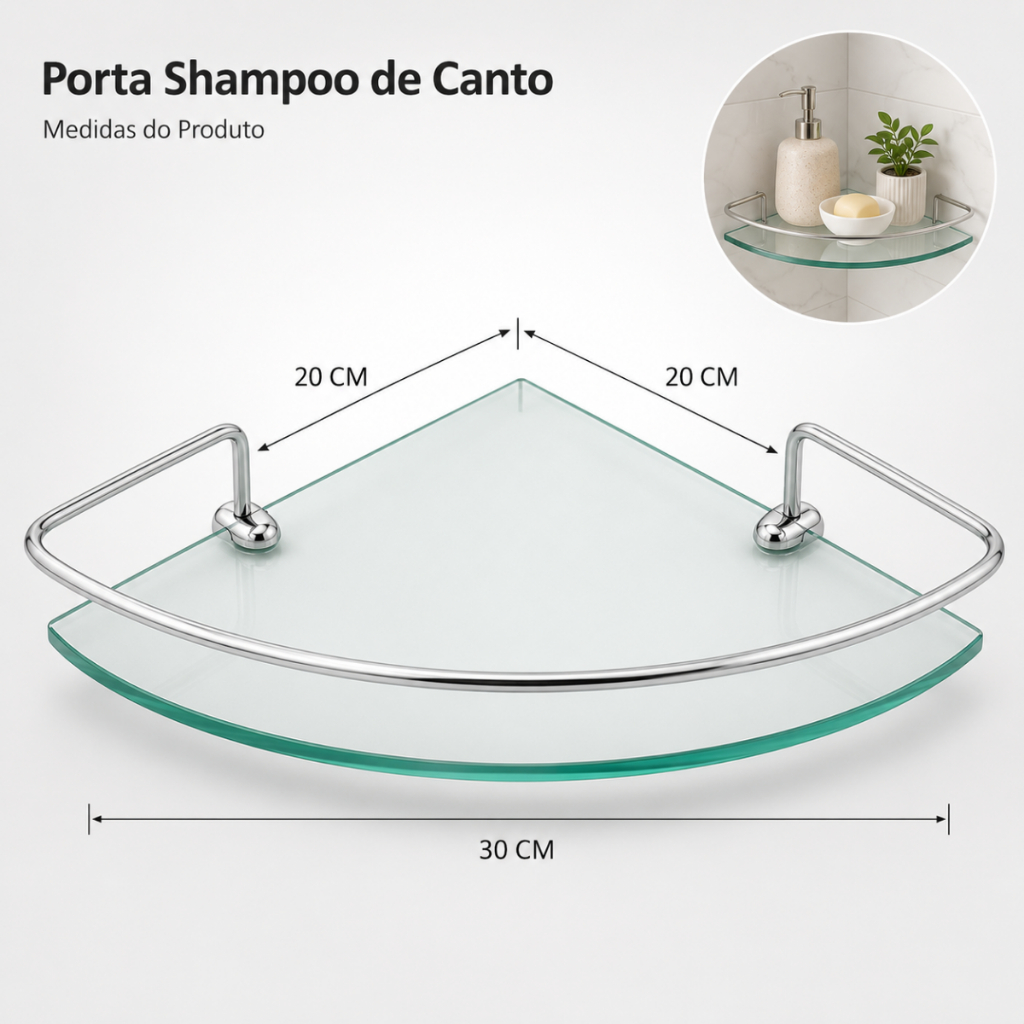 Kit 2 Prateleira de Canto Vidro Porta Shampoo Objetos Organizador para Banheiro Cozinha e Lavanderia