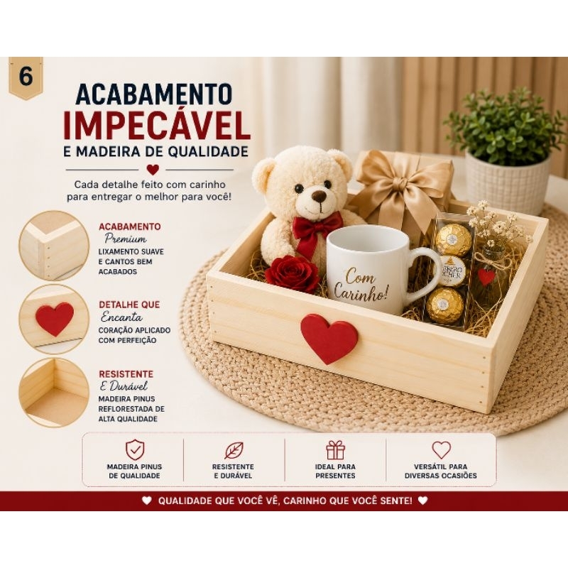 Kit 5 Box Bandeja Coraçao 20x15x6cm Madeira Pinus Exclusivas — imagem 2 de 2
